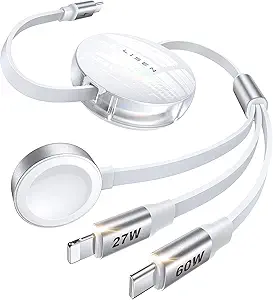 LISEN Retractable Car Charger for Multiple Travel Devices, 3 in 1 Retractable USB C Cable, Multi Fast Charging Cable Fit for Apple Watch 10/9/8/Ultra 2, iPhone 16/15/14, Samsung Galaxy S25 3.6FT