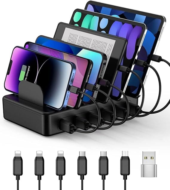 CREATIVE DESIGN Charging Station, 50W 6 Ports Multi Charger Station with 6 Charging Cables, USB Charging Dock for Multiple Devices, Compatible with Cellphone iPad Kindle Tablet and Other Electronic