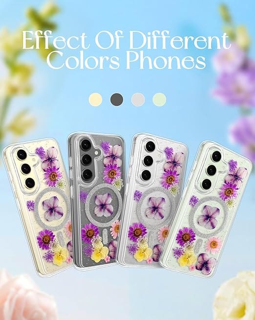 Loheckle for Samsung Galaxy S25/S24 Case for Women - Compatible with MagSafe Girls Cute Glitter Flower Floral Girly Aesthetic Kawaii Sparkle Unique Design Handmade Phone Cover for S25/S24, Purple