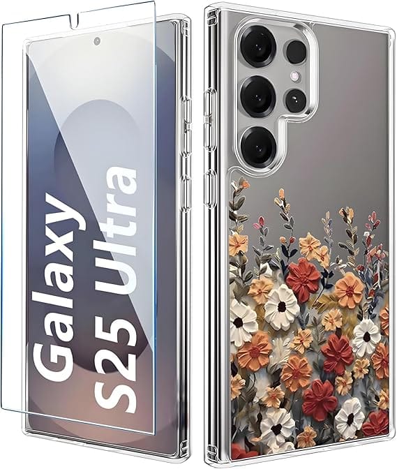 for Samsung Galaxy S25 Ultra Case Clear,Galaxy S25 Ultra Case Floral with Screen Protector [Camera Protection] Slim Shockproof Cover for Samsung S 25 Ultra Phone Cases for Women, Flower Design