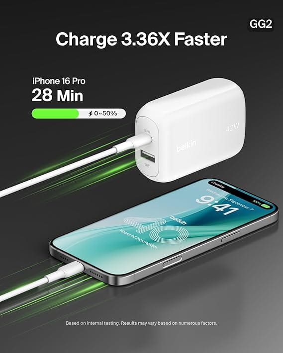 Belkin BoostCharge 42W Dual Port Wall Charger, USB-C + USB-A Charger Fast Charging for iPhone 16, 16 Plus, 16 Pro, 16 Pro Max, 15, 15 Pro Max, iPhone 14, Galaxy S25 Ultra, iPad, AirPods & More - White