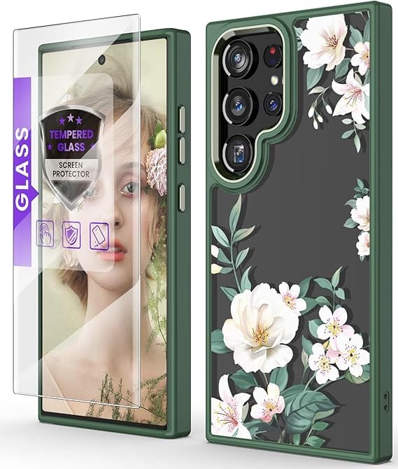 for Samsung Galaxy S24 Ultra 5G Case with Tempered Glass Screen Protector,[Military Grade Protective] Slim Soft TPU & Hard PC,Girls Women Crystal Clear Flower Pattern Cases-Magnolia
