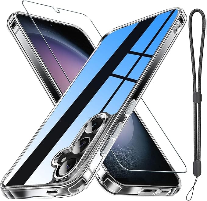 Janmitta Compatible with Samsung Galaxy S24/S25 Case with Screen Protector Tempered Glass,Slim Fit Thin Transparent Rugged Tough Hard Cover with Wrist Strap Lanyard,2025 Crystal Clear