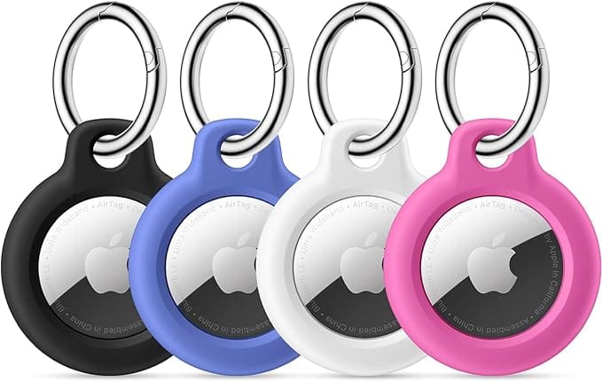 Maledan 4 Pack Airtag Holder Air Tag Case with Keychain, Anti-Scratch PC Airtags Key Chain for Apple Air Tags, Protective Accessories for GPS Item Finder Tracker Cover Bags Keys, Black/Blue/White/Rose
