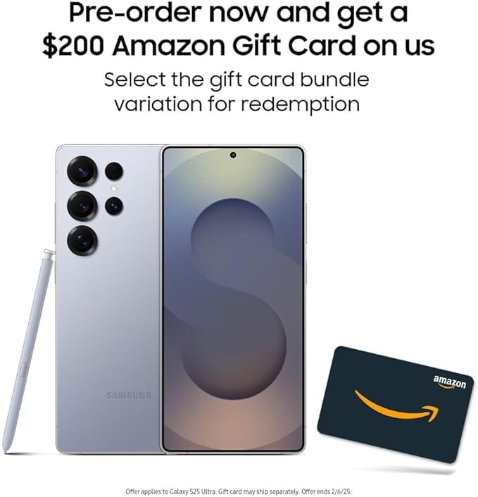 SAMSUNG Galaxy S25 Ultra Cell Phone + $200 Amazon Gift Card, 256GB AI Smartphone, Unlocked Android, 200MP AI Camera, S Pen, Fast Processor, Long Battery Life, 2025, Titanium Silverblue